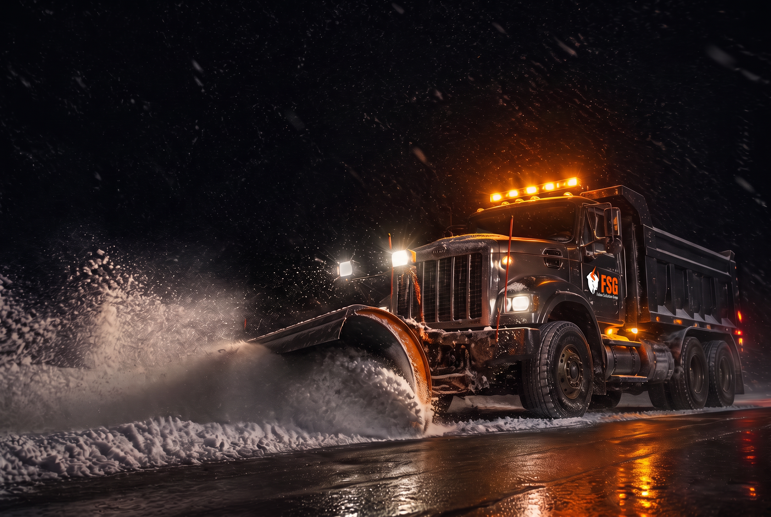 FSG commercial snowplow clearing a roadway at night